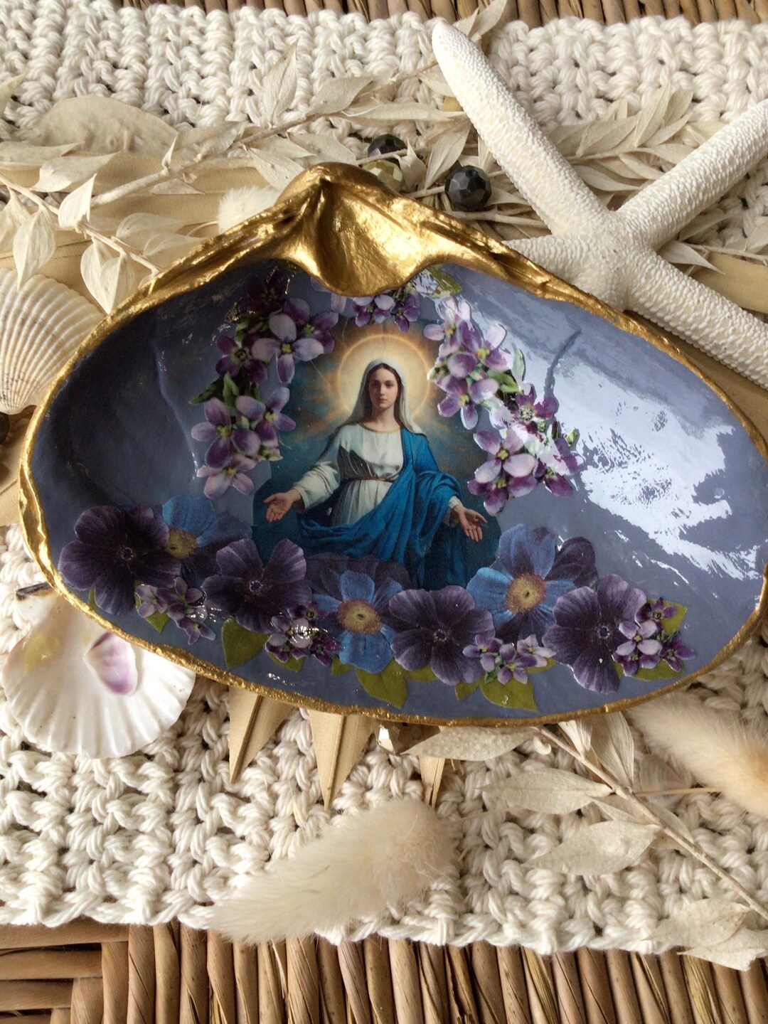 Virgin Mary Shell Virgin Mary Shell Rosary Holder | Decoupage Catholic Ring Dish - Etsy