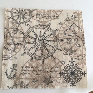 May include: A beige paper napkin with a nautical theme. The design features a compass, anchors, stars, and ship wheels. The text on the napkin reads "On board the Pelican was St. George with his young with those who were of the King's council."