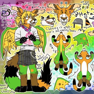May include: A colorful illustration of a cartoon character with green and orange fur, wings, and spots. The character is wearing a white shirt with a pink flamingo graphic and a plaid kilt. The illustration includes text that says "Loosey" and "Party Hard".