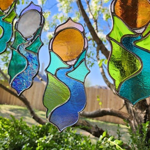 Blue River Sunrise Landscape Iridescent Stained Glass Suncatcher Hanging Panel