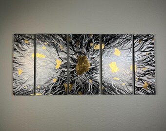 May include: A five-piece abstract wall art set featuring a black and white background with gold accents. The artwork is made of metal and has a modern, contemporary style.