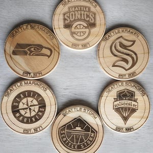 Seattle Sports Coasters | Seahawks | Mariners | Supersonics | Kraken | Storm | Sounders | Seattle Sports Gift | Wood Coasters