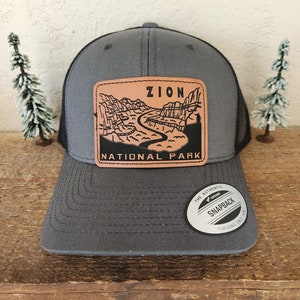 Zion National Park Hat, Trucker Hat, Snapback, Leather Patch, Laser Engraved, National Park Gift