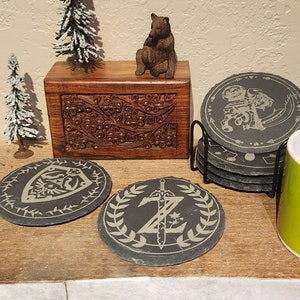 Legend of Zelda Coasters with Holder, Slate Stone, Set of 6, Majora&#39;s Mask Breath of the Wild Link to the Past Gift