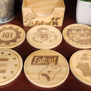 Fallout Coasters with Coaster tray, Nuka Cola, Brotherhood of Steel, Power Armor, Vault Boy, Vault 101, The Enclave, Okey Dokey, Fall Out