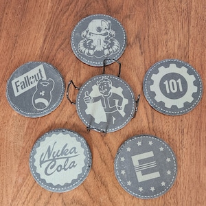Fallout Coasters with Coaster tray, Nuka Cola, Brotherhood of Steel, Power Armor, Vault Boy, Vault 101, The Enclave, Okey Dokey, Fall Out
