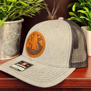 Zion National Park Hat, Trucker Hat, Snapback, Leather Patch, Zion, Laser Engraved, National Park Gift, Utah, Father&#39;s Day