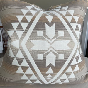 Pillow cover, 24x24, Sunbrella® “Canyonlands” indoor/outdoor fabric in gray/cream/ochre, handmade by SwaukPrairie