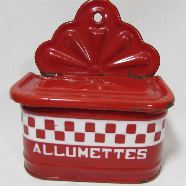 Antique Lustucru Red White Black Trim Enamelware Allumettes Match Matches Box with Lid Wall Mount France French Farm House