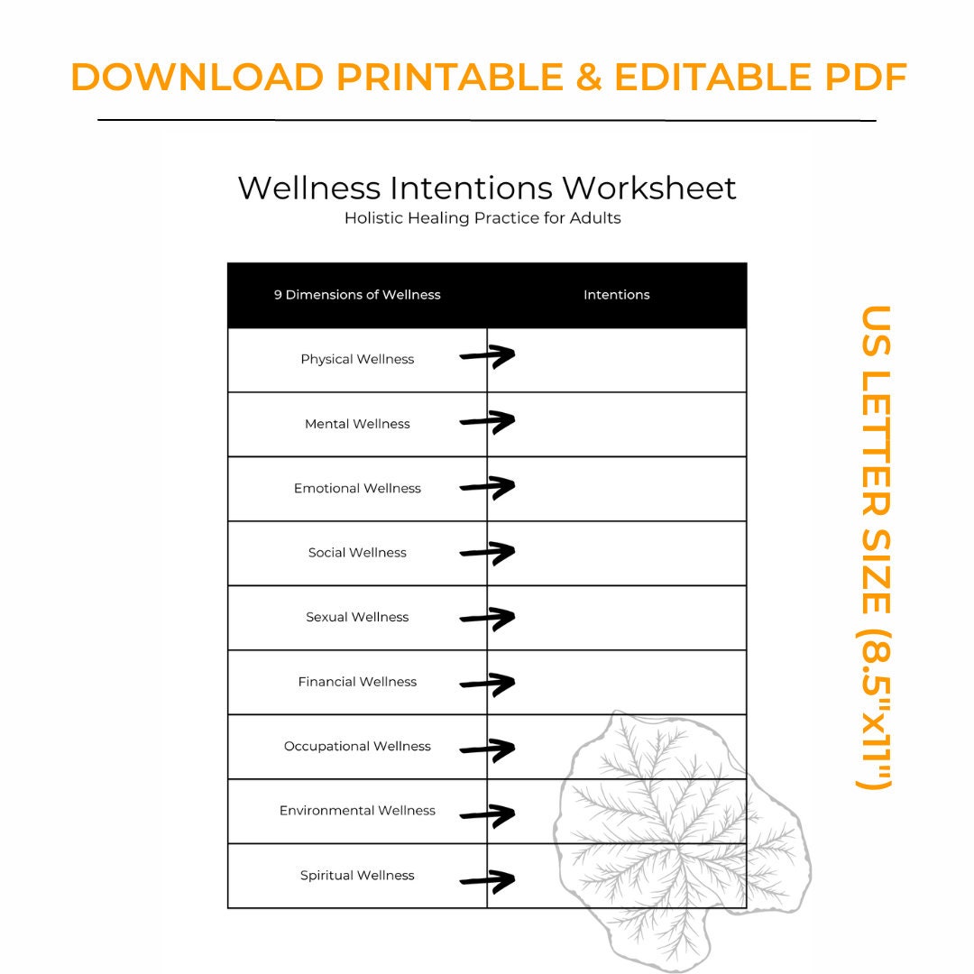 Wellness Intentions Worksheet Holistic Healing Practice for Adults ...
