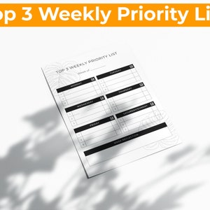 Lista de las 3 prioridades semanales principales: prioridad de tareas, lista de tareas pendientes, prioridades diarias, PDF imprimible, planificador, descarga digital, impresión en casa