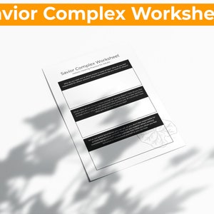 Op de afbeelding: Zwart-witte printbare werkblaad met de titel "Savior Complex Worksheet: Problem-Solving Practice for Adults". De werkblaad heeft drie secties met vragen over het helpen van anderen en voor jezelf zorgen.