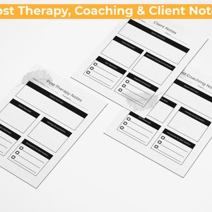 May include: Three printable worksheets for therapy, coaching, and client notes. Each worksheet has a black and white design with sections for notes, key takeaways, and assignments.