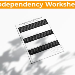Op de afbeelding: Een wit werkblad getiteld "Codependency Worksheet" met zwarte tekst en horizontale lijnen om op te schrijven. De titel staat in een feloranje banner. Het werkblad staat op een witte achtergrond met schaduwen.