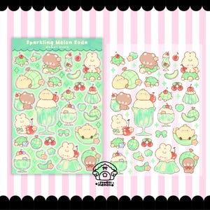 Melon Soda Sticker Sheet, Cute Dessert Drink Stickers, Sparkling Jelly Soda Planner Stickers, Kawaii Pastel Green Sweet Treat Deco