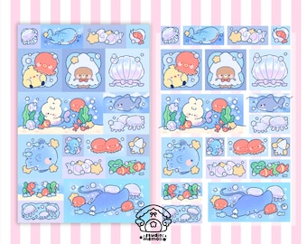 Ocean Friends Frame Sticker Sheet, Cute Sea Animals Stickers, Kawaii Whale Jellyfish Octopus Planner Stickers, Pastel Marine Deco