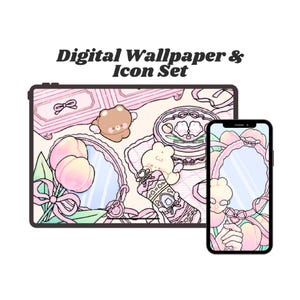 May include: Digital wallpaper and icon set displayed on a tablet and smartphone. The design features a pastel pink and cream color scheme with illustrations of mirrors, bears, bows, and peaches. Text at the top reads "Digital Wallpaper & Icon Set."
