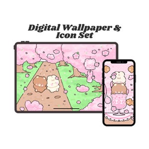 Könnte beinhalten: Digitales Wallpaper- und Icon-Set mit einem rosa Kirschblüten-Thema. Das Set enthält ein Tablet und ein Smartphone, die jeweils eine passende Illustration von Cartoon-Bären und einem Pfad durch einen rosa Wald anzeigen. Der Text "Digital Wallpaper & Icon Set" steht oben.
