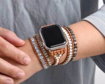 Multi Wrap Bracelet for Apple Watch,Wrist Wrap Bracelet Band, Stone Leather Wrap Iwatch Band for 38/40/42/44/45mm,Boho Bracelet Watch Band