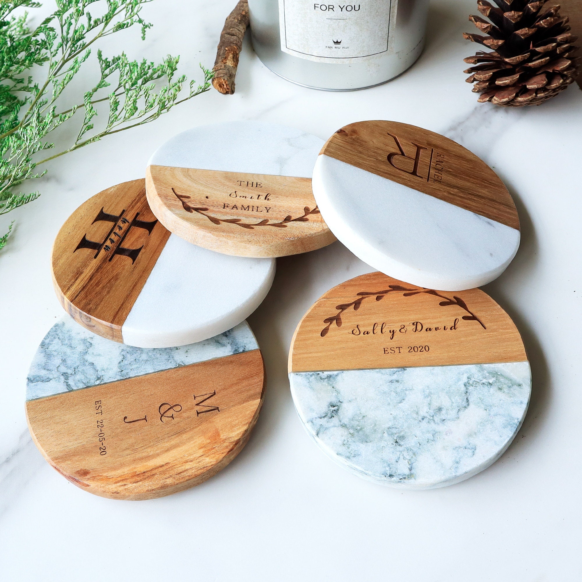Handmade Reclaimed Wood Coaster Set – Engraved Elegance