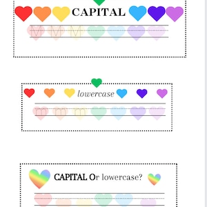 Capital and lower case letter writing practice printable worksheets with rainbow colors and hearts for preschool and kindergarten
