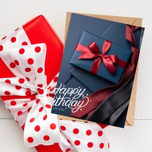 Biglietto d'auguri di compleanno minimalista elegante con foto complete in nero e rosso / Cartoline felici / Festeggia il compleanno / Festeggia con le carte / Premuroso
