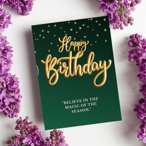 Tarjeta de cumpleaños simple dorada y verde / Tarjetas de felicitación paisajísticas / Tarjetas felices / Celebrar cumpleaños todos los días / Saludo festivo / Pensativo