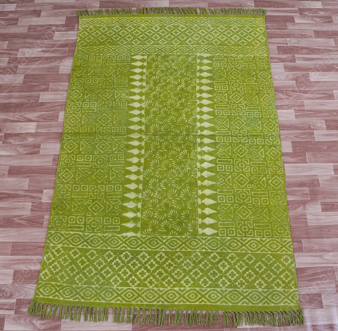 Organic Handmade Block Printed Green Rug Cotton Area Rug Large Boho Rug ...