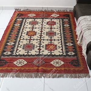 Handwoven Wool Jute Kilim Rug, Wool Jute Rug, Kilim Jute Rug, Flatweave Rug, Bohemian Rug, Indian Dhurrie Rug, Navajo Kilim Rug, Custom Rug