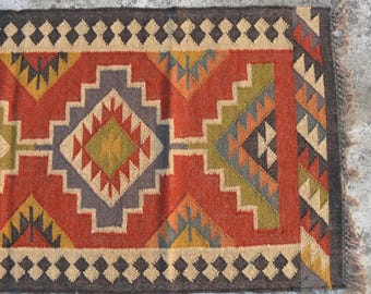 Handwoven Wool Jute Kilim Rug | Tribal Indian Durrie, Boho Area Runner