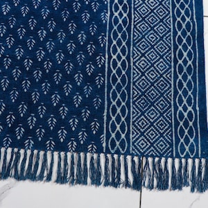 Blue Indigo Hand Block Printed Cotton Rug: Boho Kilim, Hand Woven Sizes 5x8,6x9,8x10,9x12