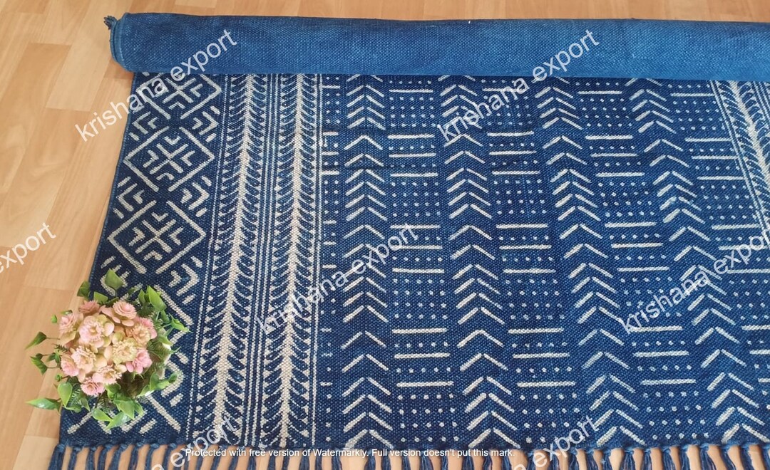 Indigo Cotton Rug ,hand Block Print Rug,living & Home Rug,runner Rug ...