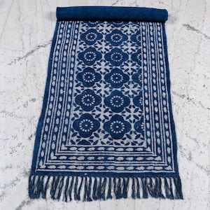 Handmade Indigo Runner Rug, Hand Made Block Printed Cotton. Available in different sizes.