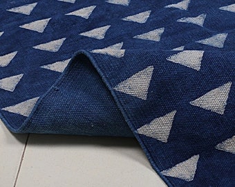 Handmade Indigo Block Print Cotton Rug: Indian Kilim Style Rug Blue & White Cotton Runner Rug