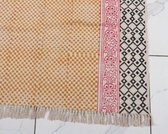 Hand Block Print Cotton Dhurrie Rug: Indian Boho Kilim Style Rugs
