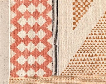 Hand Block Printed Cotton Dhurrie Rug: Aztec Bohemian Area Rug, India