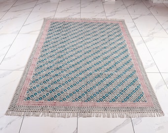 Hand Block Print Cotton Dhurrie Rug: Indian Boho Kilim Style Rug