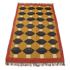 Large Handmade Wool Jute Rug, Navajo kilim Rug, Black Gold Rug, Outdoor/ Indoor Rug/ Living room Rug.