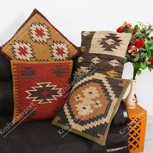 18 x 18 inch 4 Set wool jute cushion covers, Throw Pillow case, Gift, Bohemian pillow cases, Throw Kilim Pillow Cover.