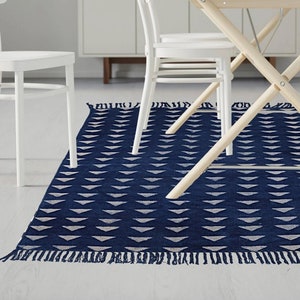 Block Print Rug, Indigo Natural Dye, Handmade Rug, Indian Cotton Rug, Outdoor/Kitchen/Dining/ Living Room Kilim Rug