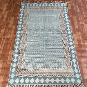 Hand Block Printed Floor Rug, Handmade Rug, Indian Dhurrie Rug, Cotton Rug, Area Rug, Aztec Rug, Indian Dhurrie