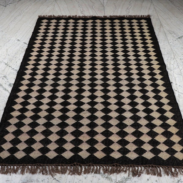 Large Diamond Handmade Wool Jute Kilim Runner Rug, Black & White Home Decor Aztac Rug Woven Accent Rug,4x6 5x8 6x9 8x10 9x12 10x14 Feet Rug