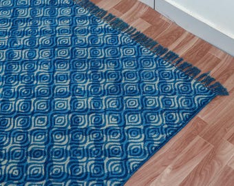 Blue Indigo Hand Block Printed Cotton Rug: Boho Kilim Style, Bedside Area