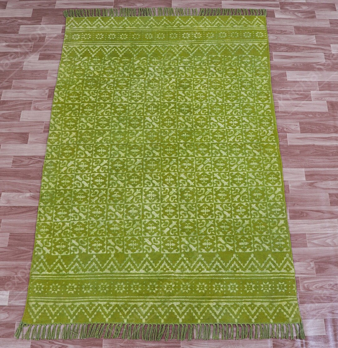 Organic Green Rug Organic Green Rug With Unique Vintage Hand Block Print, Cotton Rug ...