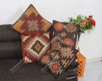 Wool Jute Vintage Kilim Pillow Cover,Squire Indian Boho Jute Pillow Cover,4 Set Handmade Wool Jute Sofa cushion,45x45 cm Jute Pillow Cover