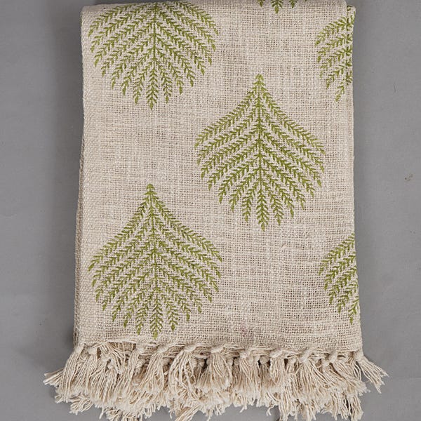Hand Block Print Cotton Throw Blanket – Olive Green Leaf Tassels, Boho Home Decor