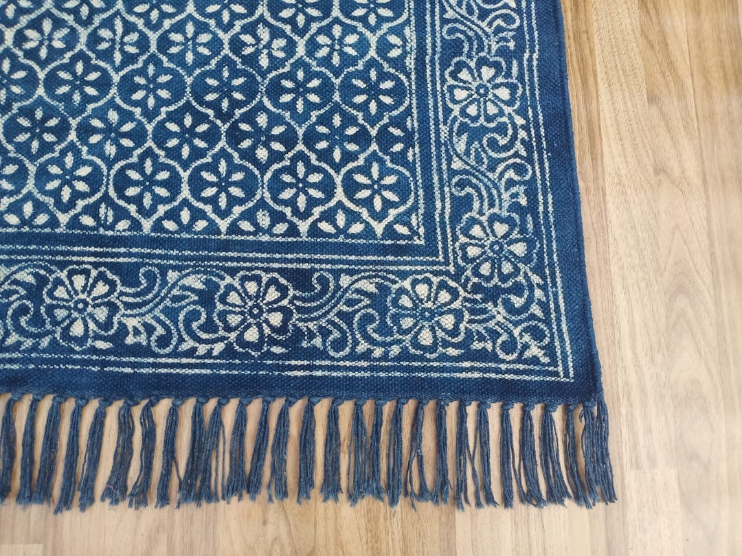 Indigo Hand Block Print Cotton Rug: Handmade Dhurrie Carpet - Etsy