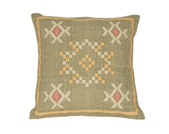 Handwoven Moroccan Cactus Silk Pillow Cover: Indian Handmade Boho Kilim Cushion (18x18 inches)