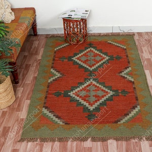 4x6 , 5x8 , 6x9 , 8x10, 9x12 Ft Kilim Rug, Handwoven, Wool and Jute Rug Handmade, Kilim Dhurrie Rug, Traditional Indian/WOOL JUTE RUGS