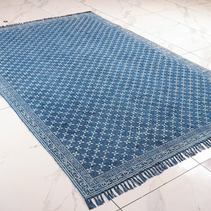 Hand Woven Blue Indigo Cotton Flatweave Kilim Rug, Boho Rugs, Handmade Rug, Southwest..Sizes-3x5, 4x6, 5x8, 6x9, 8x10....